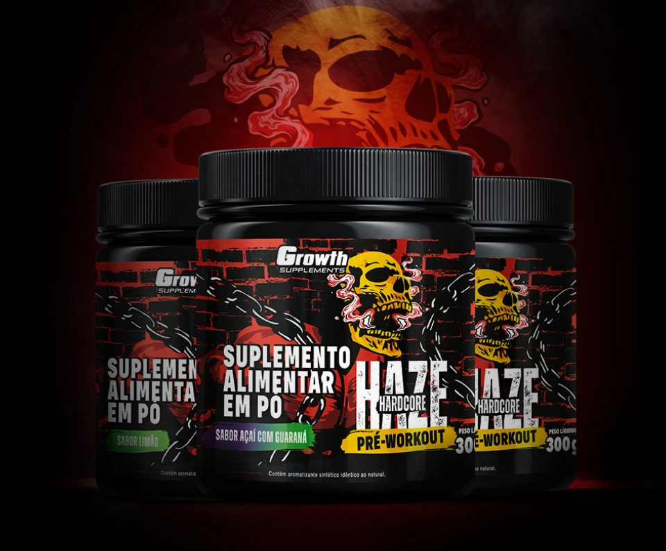 3 Pré-treino Haze Growth Supplements com um fundo vermelho com uma caveira de fundo