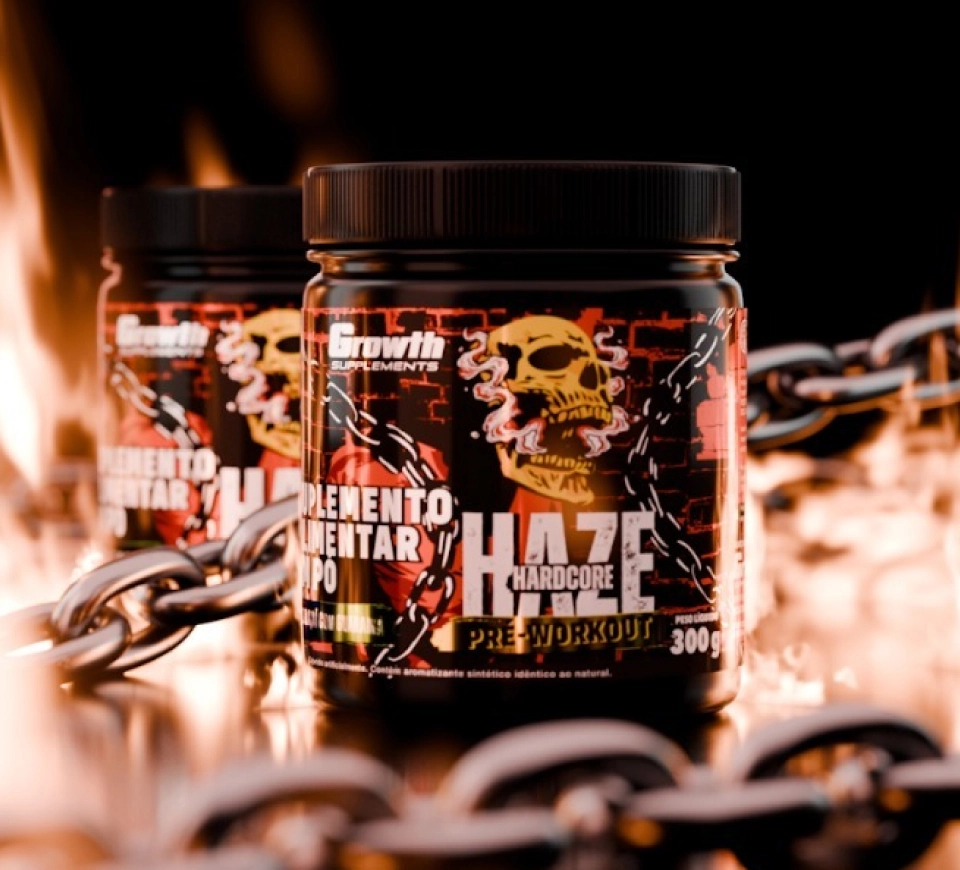 Pré-treino Haze Growth Supplements envolto por chamas e correntes