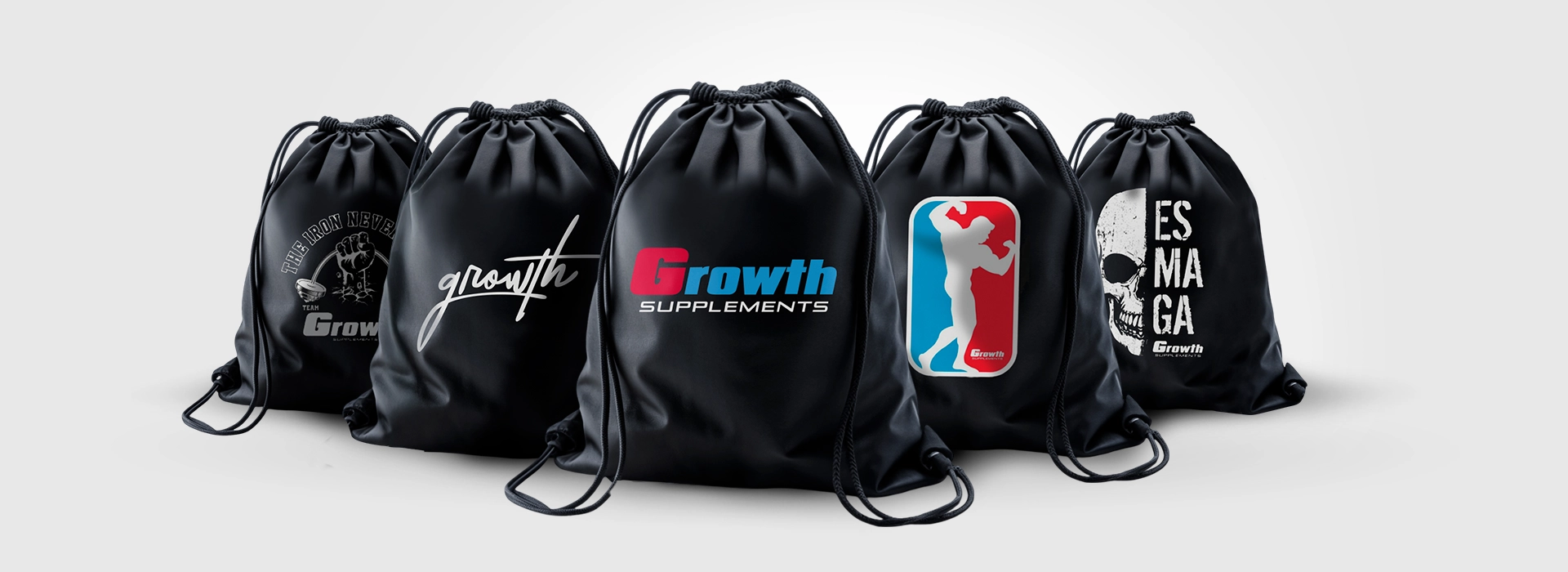 Foto de 5 modelos de sacola tipo mochila da Growth Supplements