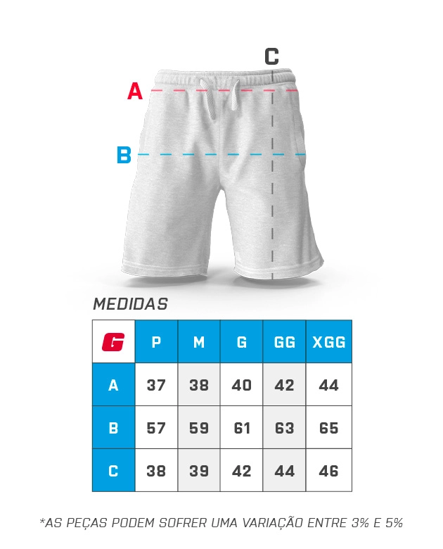 Tabela de medidas do Short - GROWTH SUPPLEMENTS